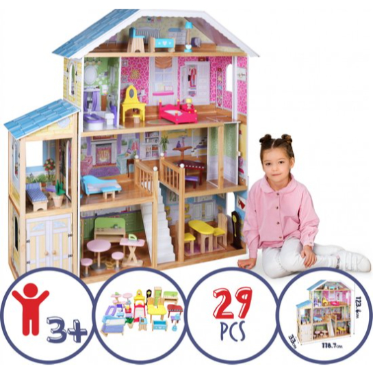 Maison de poupée en bois XXXL - 4 niveaux de jeu - Incl.  Meubles/Accessoires pour Poupées de 30 cm