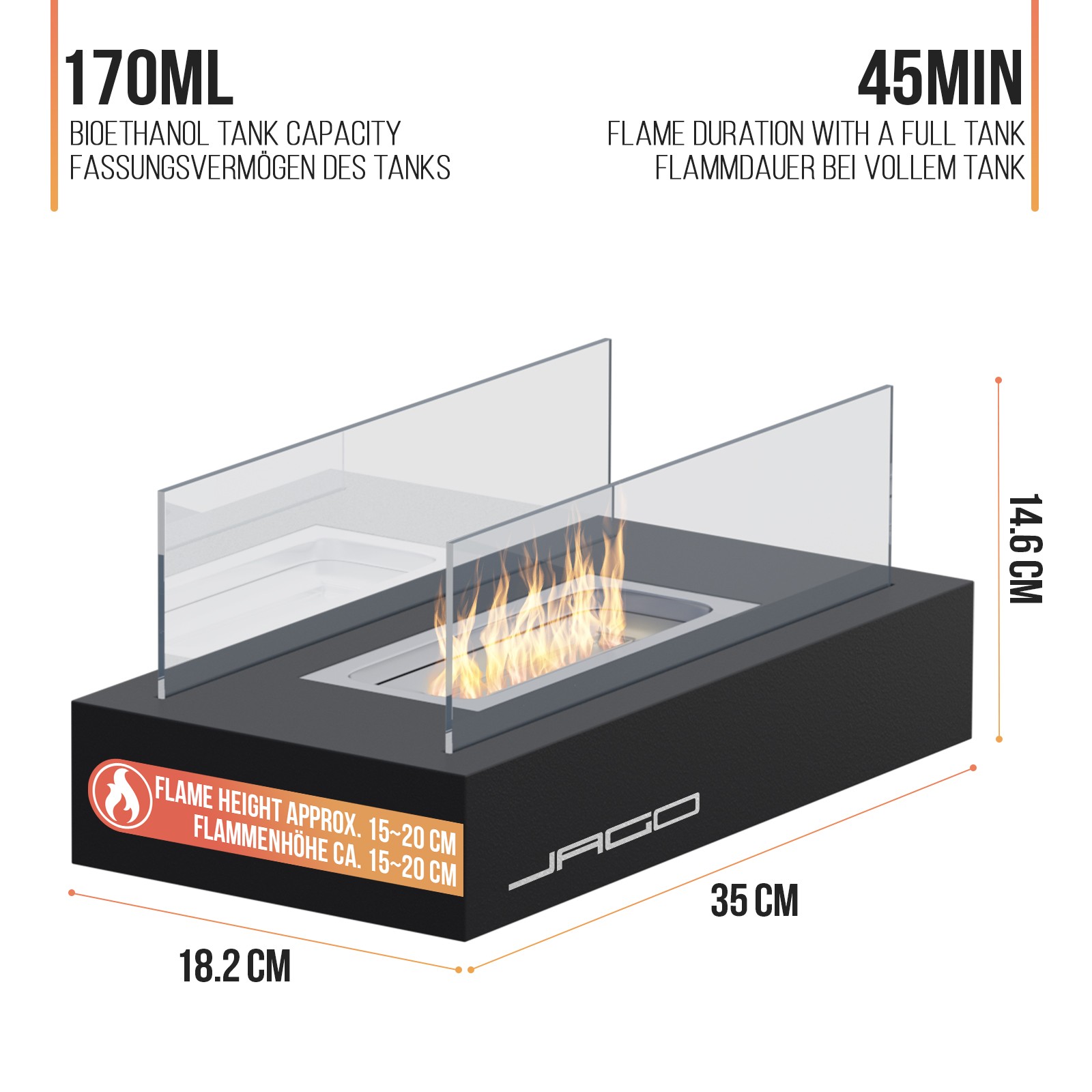 Jago® cheminée de table - éthanol, portable, 35 x 18,2 x 14,6 cm,  réctangulaire, noir, en acier inoxydable, 2 panneaux en verre, pour  intérieur/extérieur - poêle bioéthanol, à poser au sol, mobile - Conforama