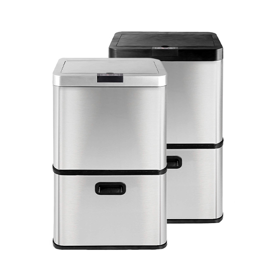 TurboTronic - Trash Can 3 Compartments and Sensor - 60 Liters -  Black/Stainless Steel - iBin60 
